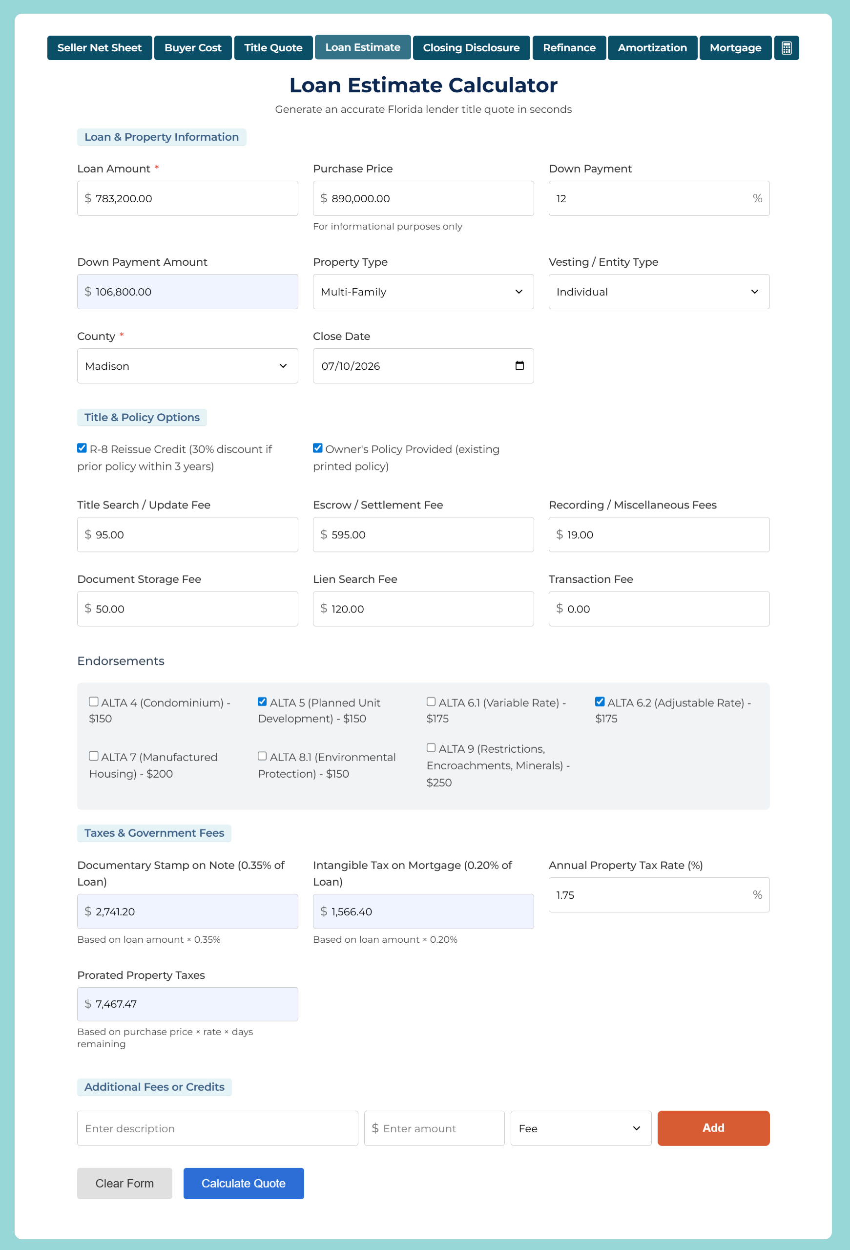 Seller Net Sheet Pie Chart Result